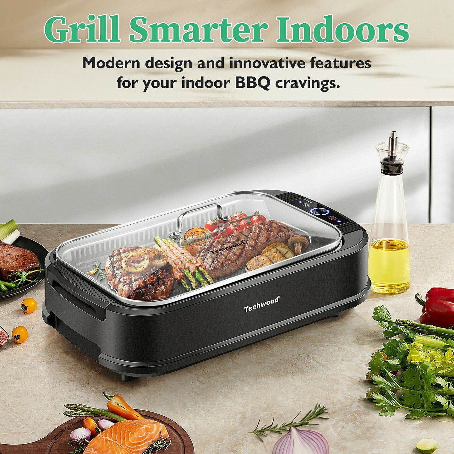 Techwood 1500W Indoor Smokeless Electric Grill – Korean BBQ with Adjustable Temp, Removable Nonstick Plates (Grill & Griddle), Tempered Glass Lid
