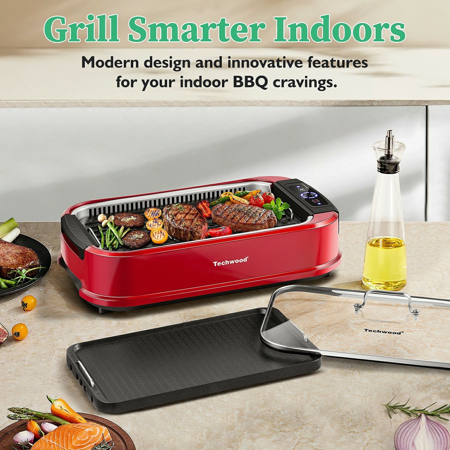 Techwood 1500W Electric Indoor Grill with Tempered Glass Lid, Compact & Portable Non-stick BBQ Grill, Turbo Smoke Extractor Technology, Drip Tray& Double Removable Plate(Red)