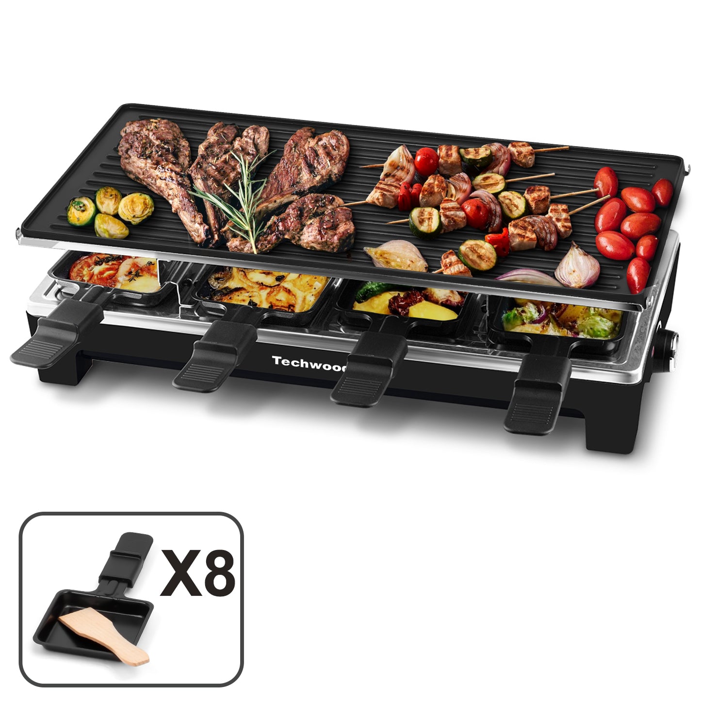 Techwood Raclette Grill, Electric Table Indoor Grill Korean BBQ Grill, Removable 2-in-1 Non-Stick Grill Plate, 1500W Fast Heating with Nonstick Griddle Serves up to 8 People for Parties and Family Fun(Black)
