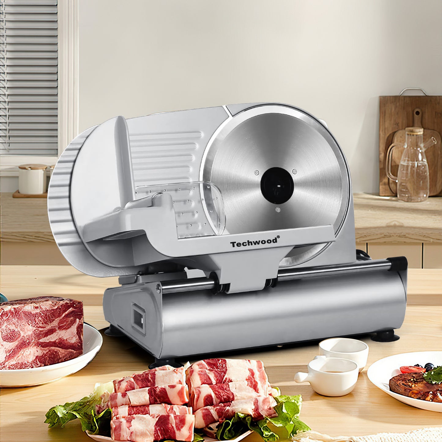 Techwood Meat Slicer, Electric Deil Food Slicer with 9" Removable Stainless Steel Blade, Deli Cheese Fruit Vegetable Bread Cutter with Adjustable Knob for Thickness, Child Lock - For Home Use(Silver Double Blade)
