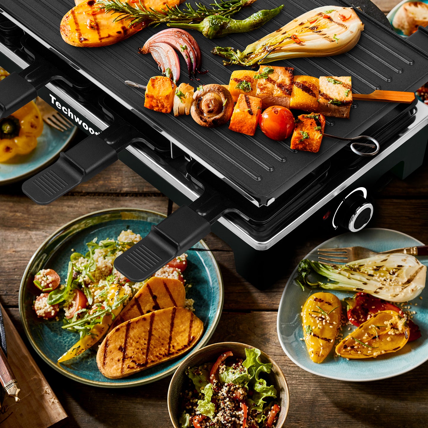 Techwood Raclette Grill, Electric Table Indoor Grill Korean BBQ Grill, Removable 2-in-1 Non-Stick Grill Plate, 1500W Fast Heating with Nonstick Griddle Serves up to 8 People for Parties and Family Fun(Black)