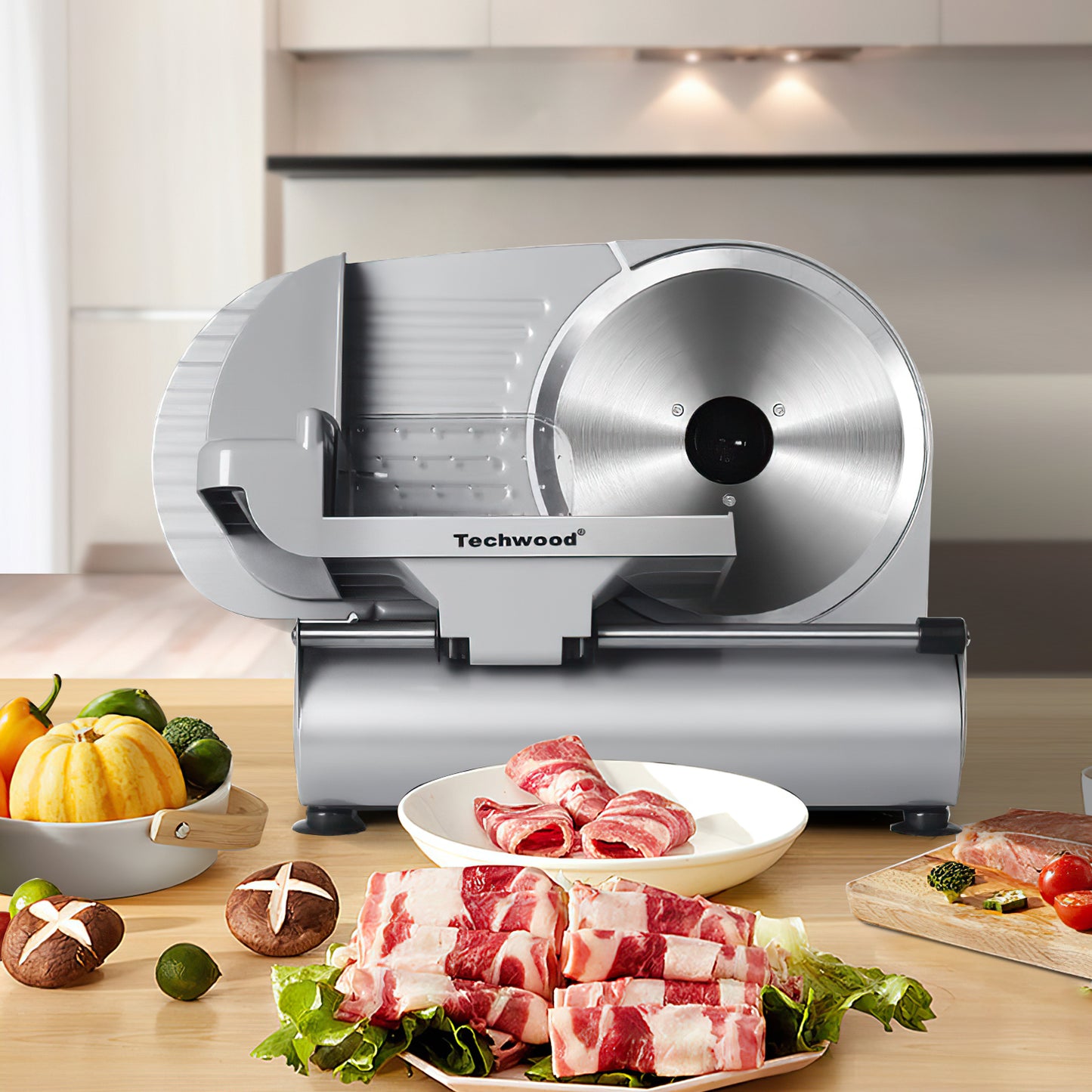Techwood Meat Slicer, Electric Deil Food Slicer with 9" Removable Stainless Steel Blade, Deli Cheese Fruit Vegetable Bread Cutter with Adjustable Knob for Thickness, Child Lock - For Home Use(Silver Double Blade)
