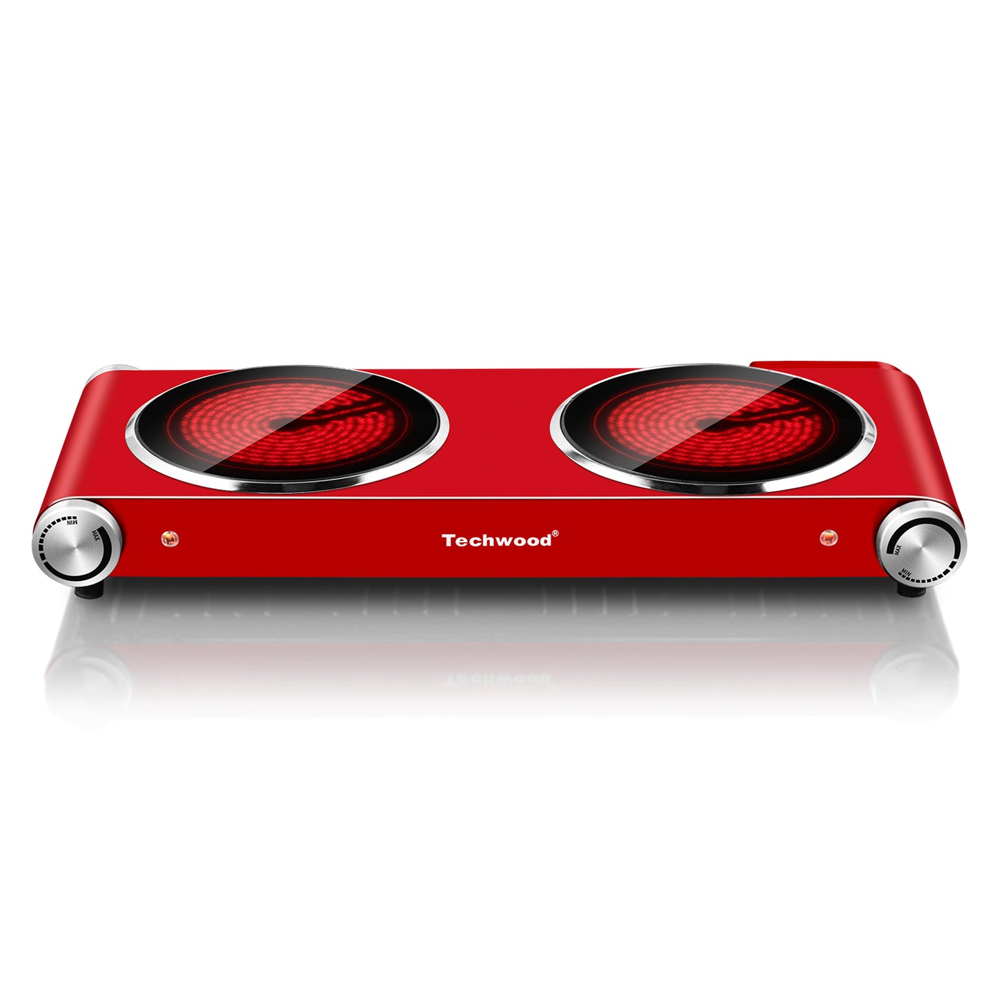Techwood 1800W Electric Hot Plate Cooktop for Cooking, Infrared Ceramic Countertop Stove Top 2 Burners, Stainless Steel Portable Electric Burner, Knob Control, Easy To Clean(Red)