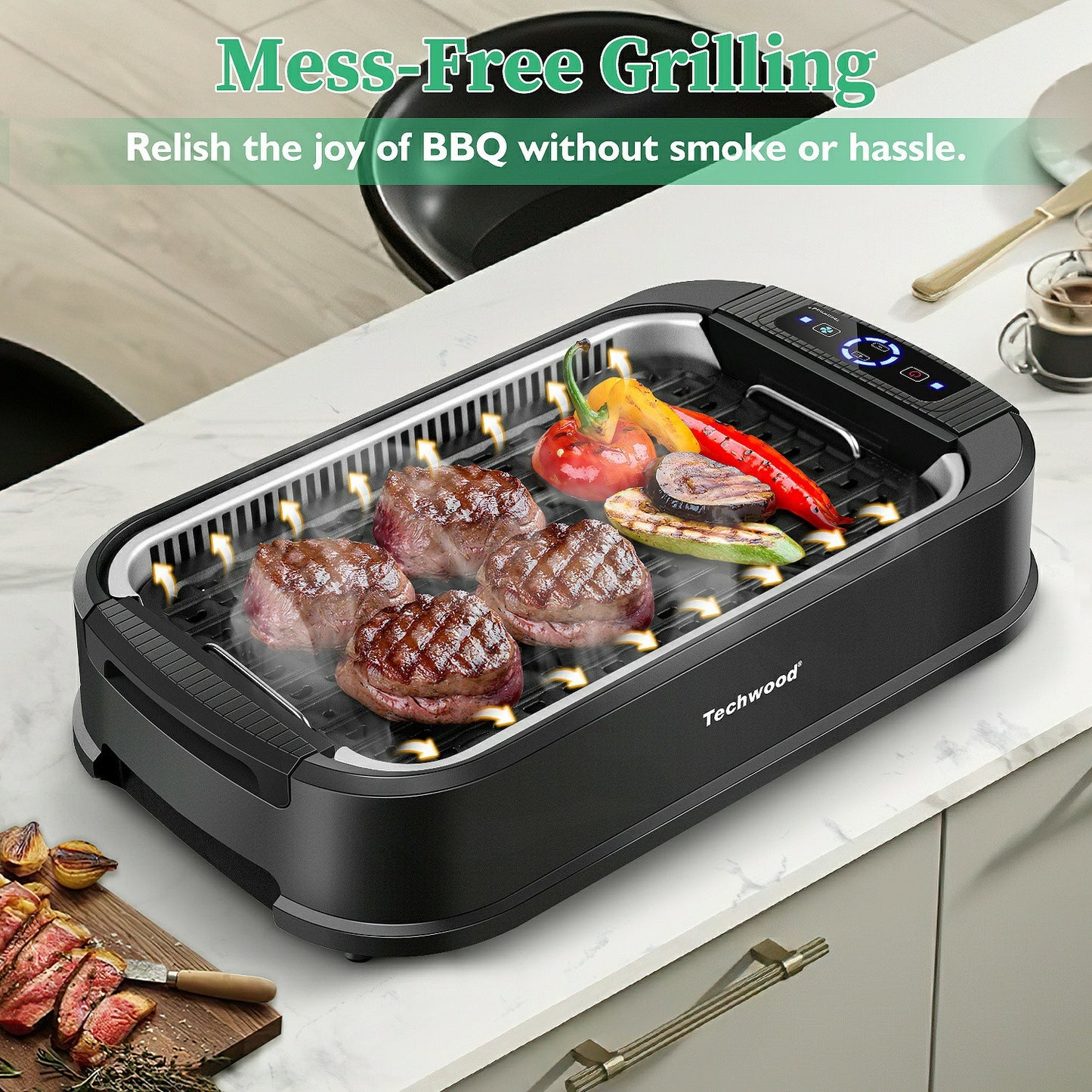 Techwood 1500W Indoor Smokeless Electric Grill – Korean BBQ with Adjustable Temp, Removable Nonstick Plates (Grill & Griddle), Tempered Glass Lid
