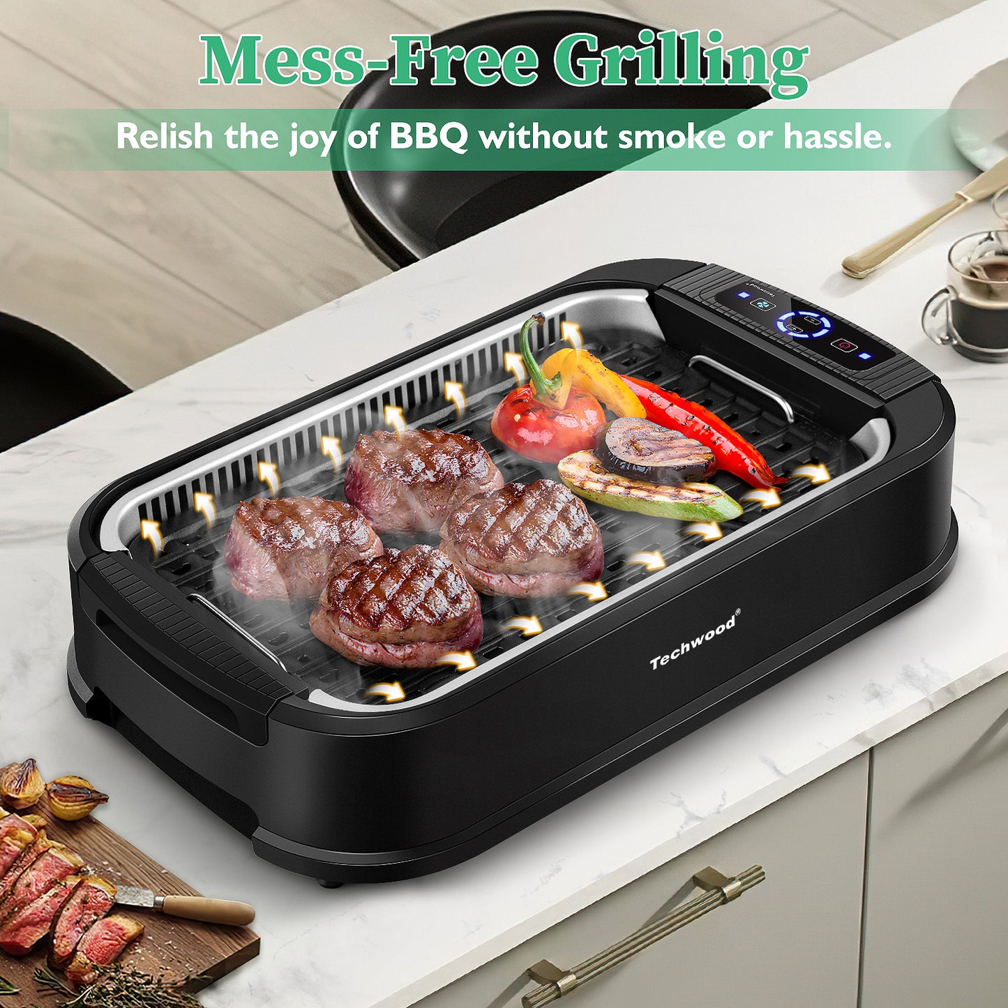 Techwood 1500W Indoor Grill, Smokeless Electric Grill, Portable Korean BBQ Grill with 6-level Control, Tempered Glass Lid, Dishwasher Safe, Double Plates(Black)