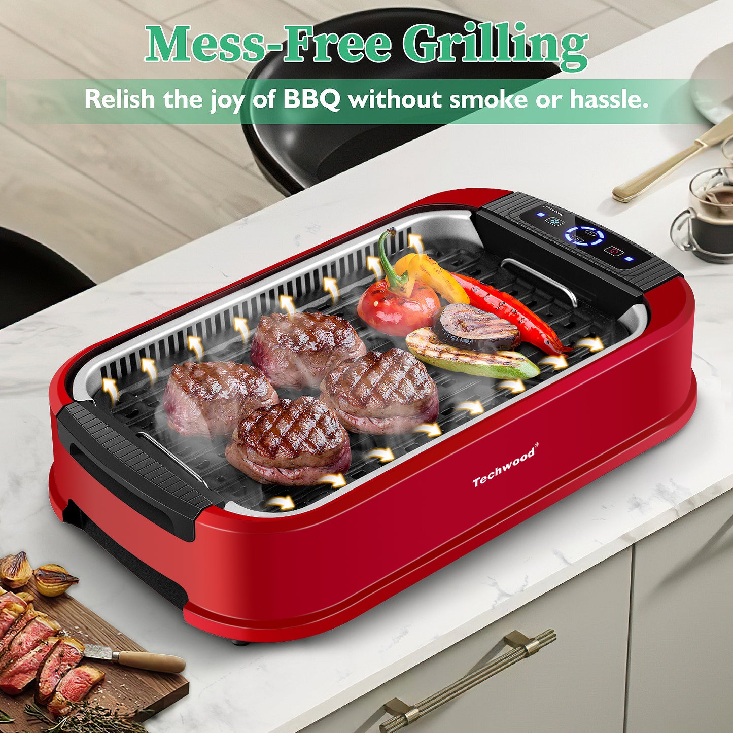 Techwood 1500W Electric Indoor Grill with Tempered Glass Lid, Compact & Portable Non-stick BBQ Grill, Turbo Smoke Extractor Technology, Drip Tray& Double Removable Plate(Red)