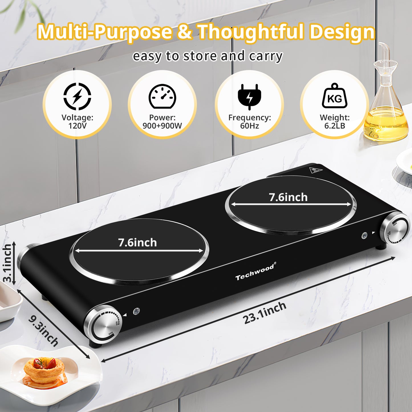 Techwood 1800W Electric Hot Plate Cooktop for Cooking, Infrared Ceramic Countertop Stove Top 2 Burners, Stainless Steel Portable Electric Burner, Knob Control, Easy To Clean(Black)