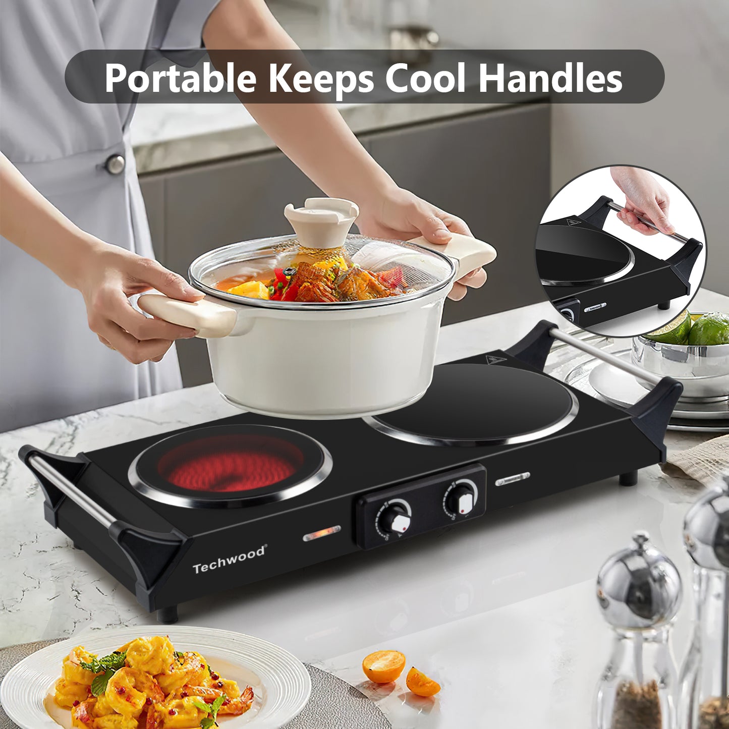 Techwood 1800W Dual Control Infrared Ceramic Electric Hot Plate with Anti-Scald Handle, Dual Electric Stove Burners, Techwood Electric Cooktop, Techwood Double Burner for Cooking(Black)