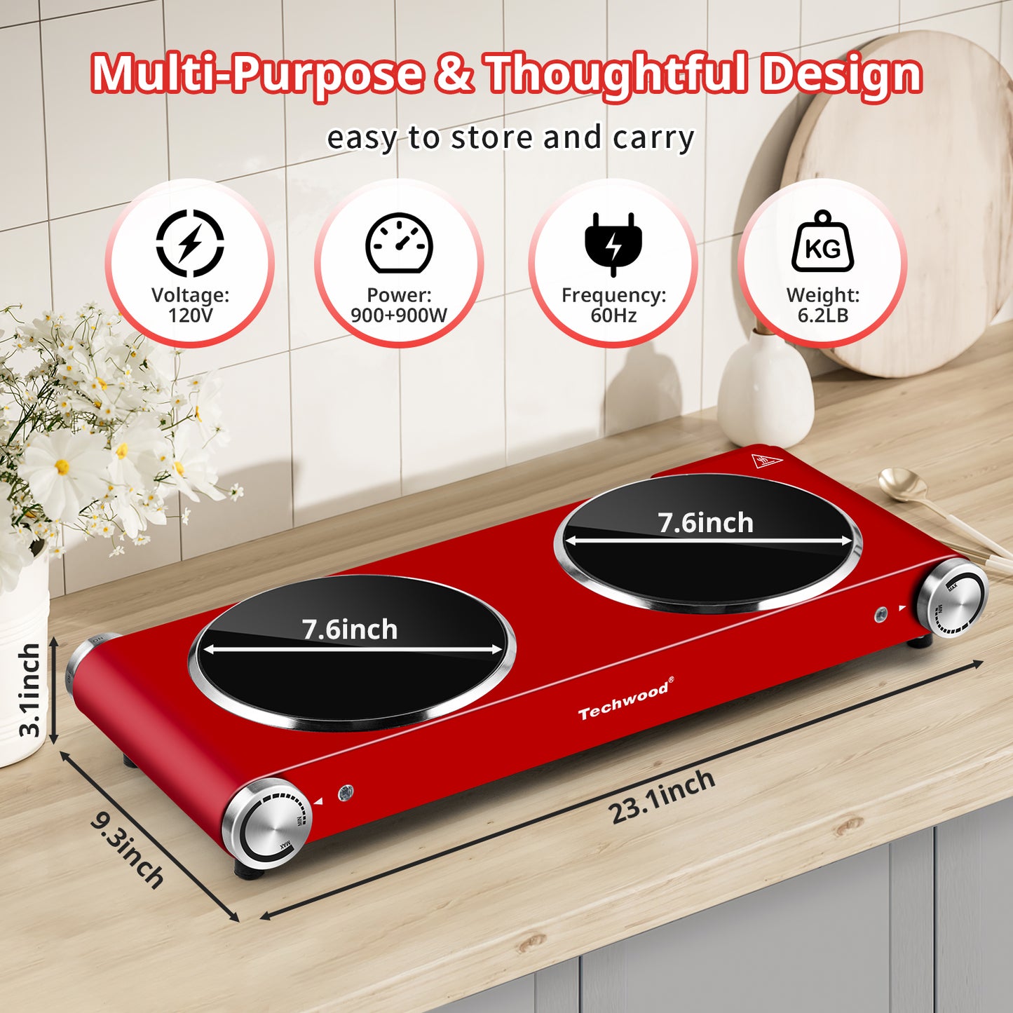 Techwood 1800W Electric Hot Plate Cooktop for Cooking, Infrared Ceramic Countertop Stove Top 2 Burners, Stainless Steel Portable Electric Burner, Knob Control, Easy To Clean(Red)