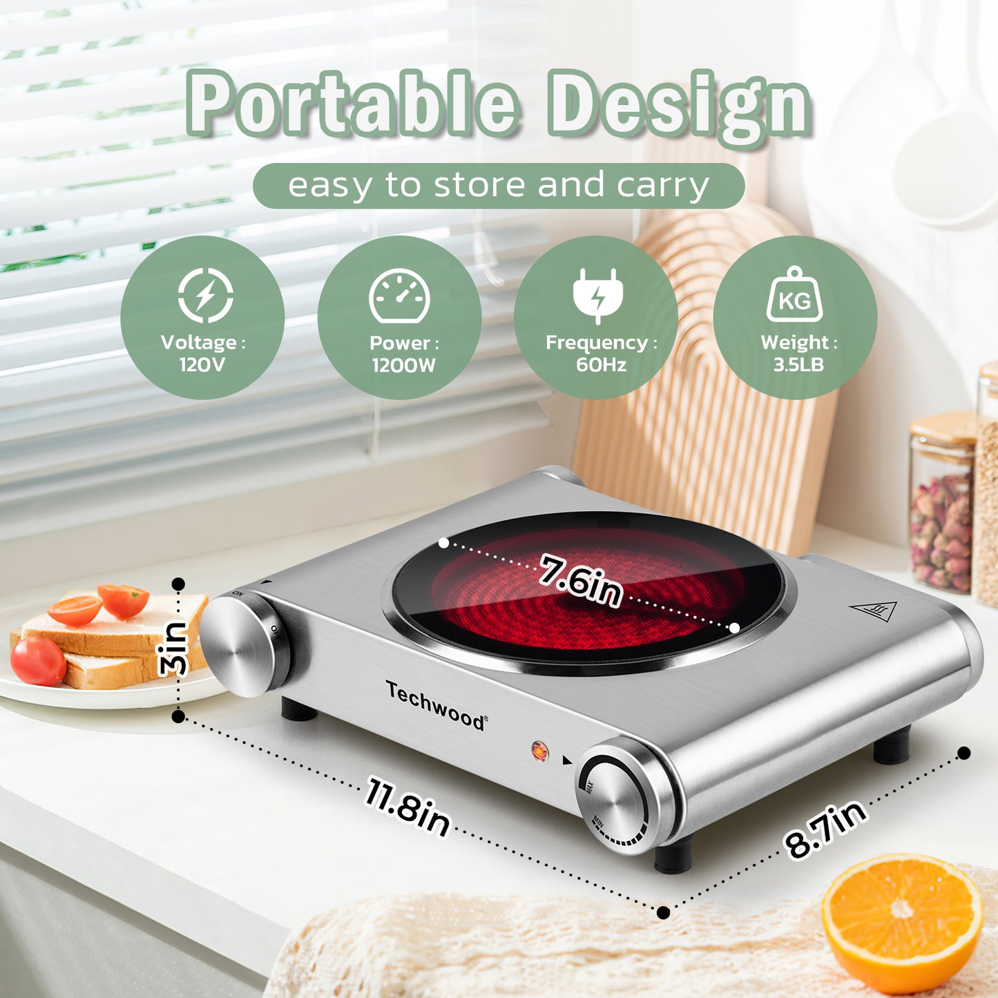 Techwood 1200W Infrared Ceramic Single Hot Plate(Silver)