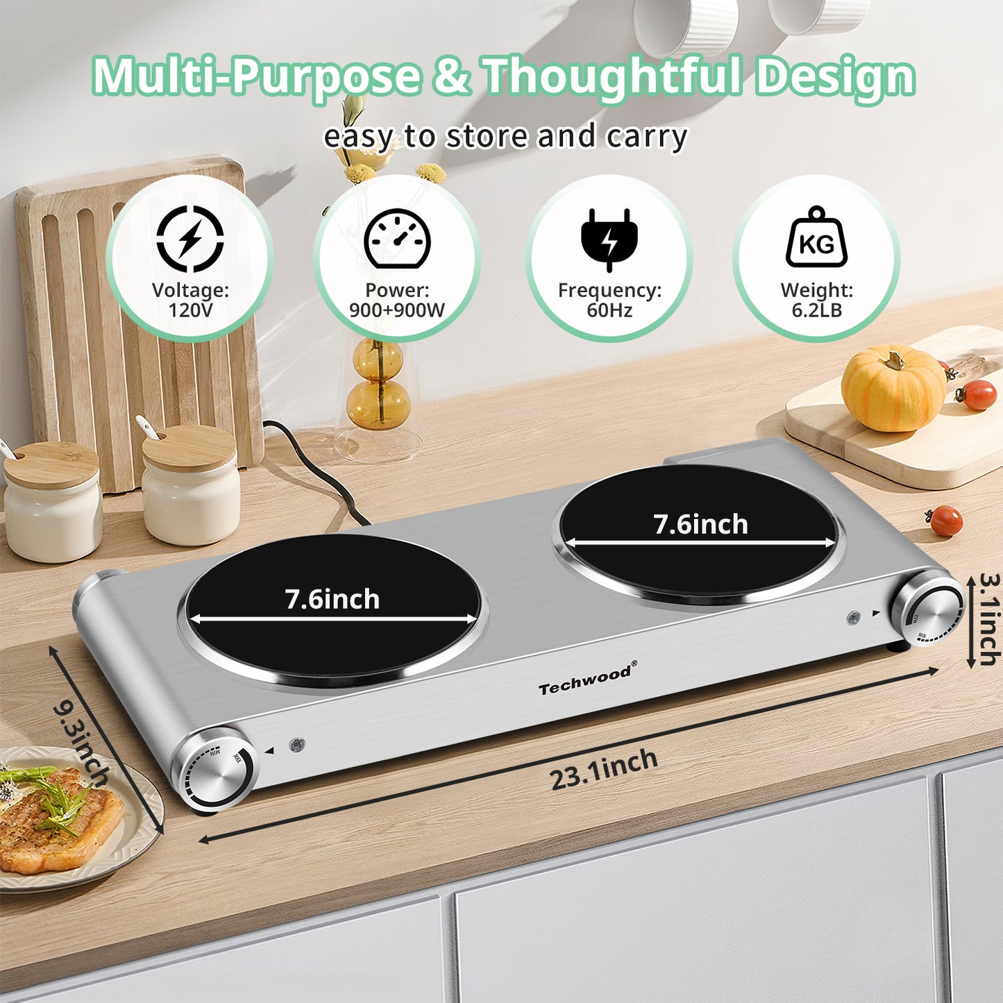 Techwood 1800W Electric Hot Plate Cooktop for Cooking, Infrared Ceramic Countertop Stove Top 2 Burners, Stainless Steel Portable Electric Burner, Knob Control, Easy To Clean(Silver)