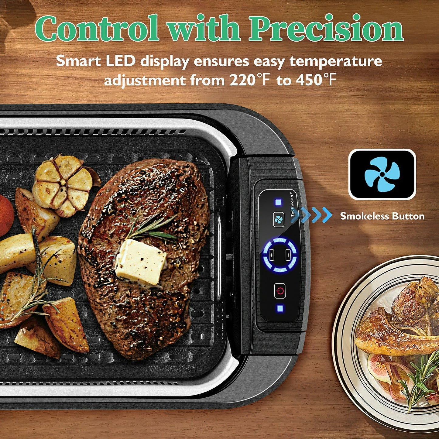 Techwood 1500W Indoor Smokeless Electric Grill – Korean BBQ with Adjustable Temp, Removable Nonstick Plates (Grill & Griddle), Tempered Glass Lid