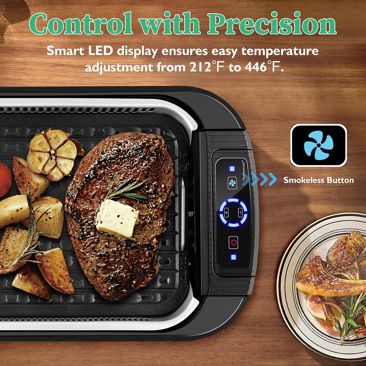 Techwood 1500W Indoor Grill, Smokeless Electric Grill, Portable Korean BBQ Grill with 6-level Control, Tempered Glass Lid, Dishwasher Safe, Double Plates(Black)