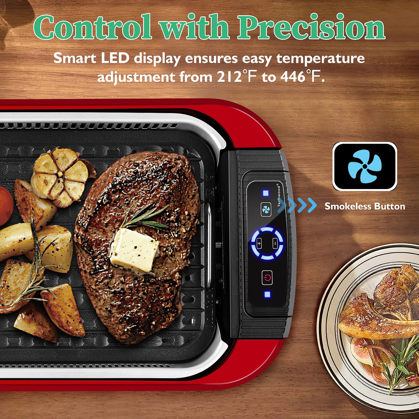 Techwood 1500W Electric Indoor Grill with Tempered Glass Lid, Compact & Portable Non-stick BBQ Grill, Turbo Smoke Extractor Technology, Drip Tray& Double Removable Plate(Red)