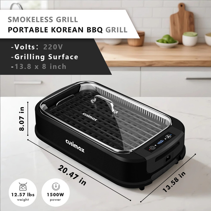 Techwood 1500W Indoor Grill, Smokeless Electric Grill, Portable Korean BBQ Grill with 6-level Control, Tempered Glass Lid, Dishwasher Safe, Double Plates(Black)