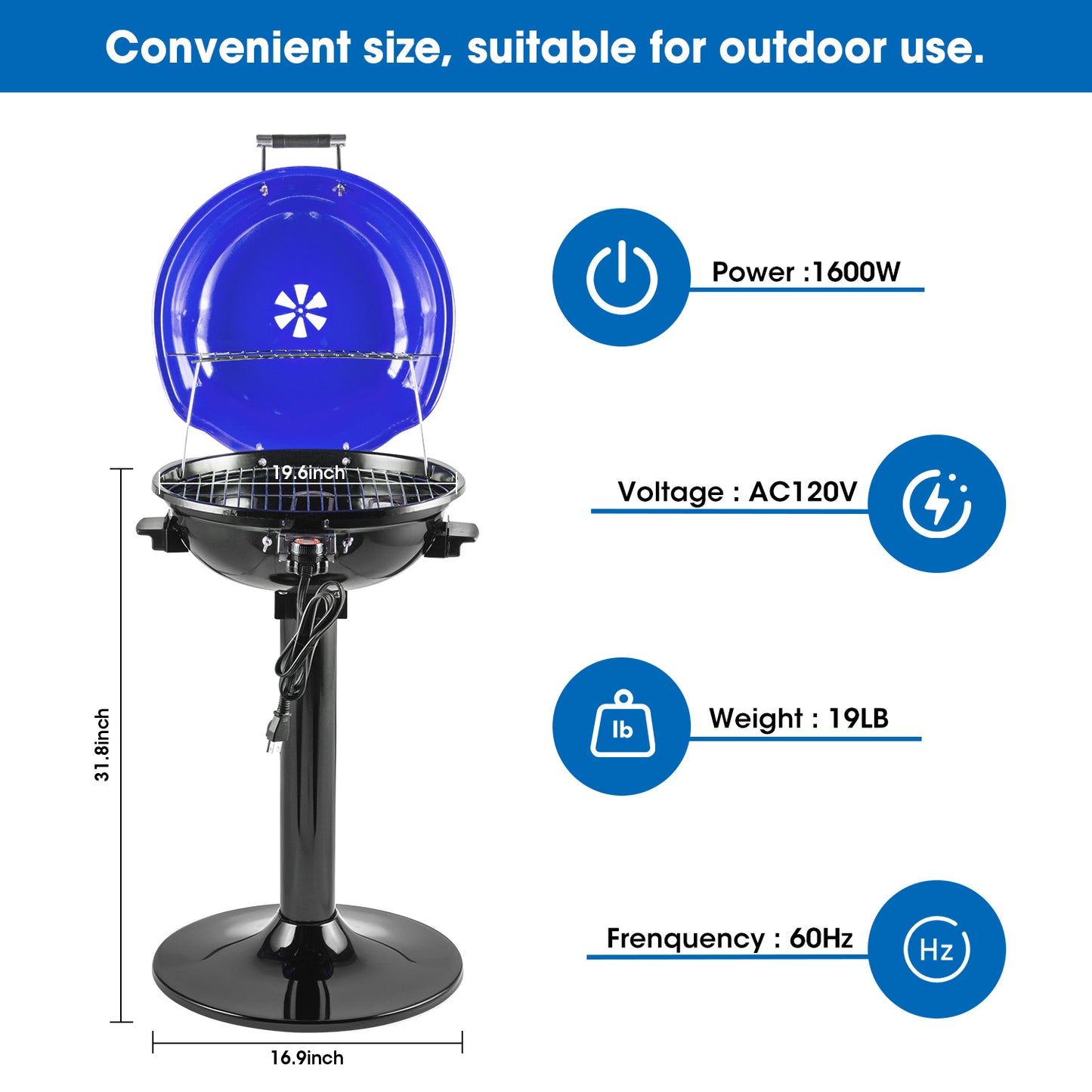 Techwood Electric BBQ Grill 1600W (Stand Black BBQ Grills),15-Serving Indoor/Outdoor Electric Grill for Indoor & Outdoor Use, Double Layer Design, Portable Removable Stand Grill,(Blue)