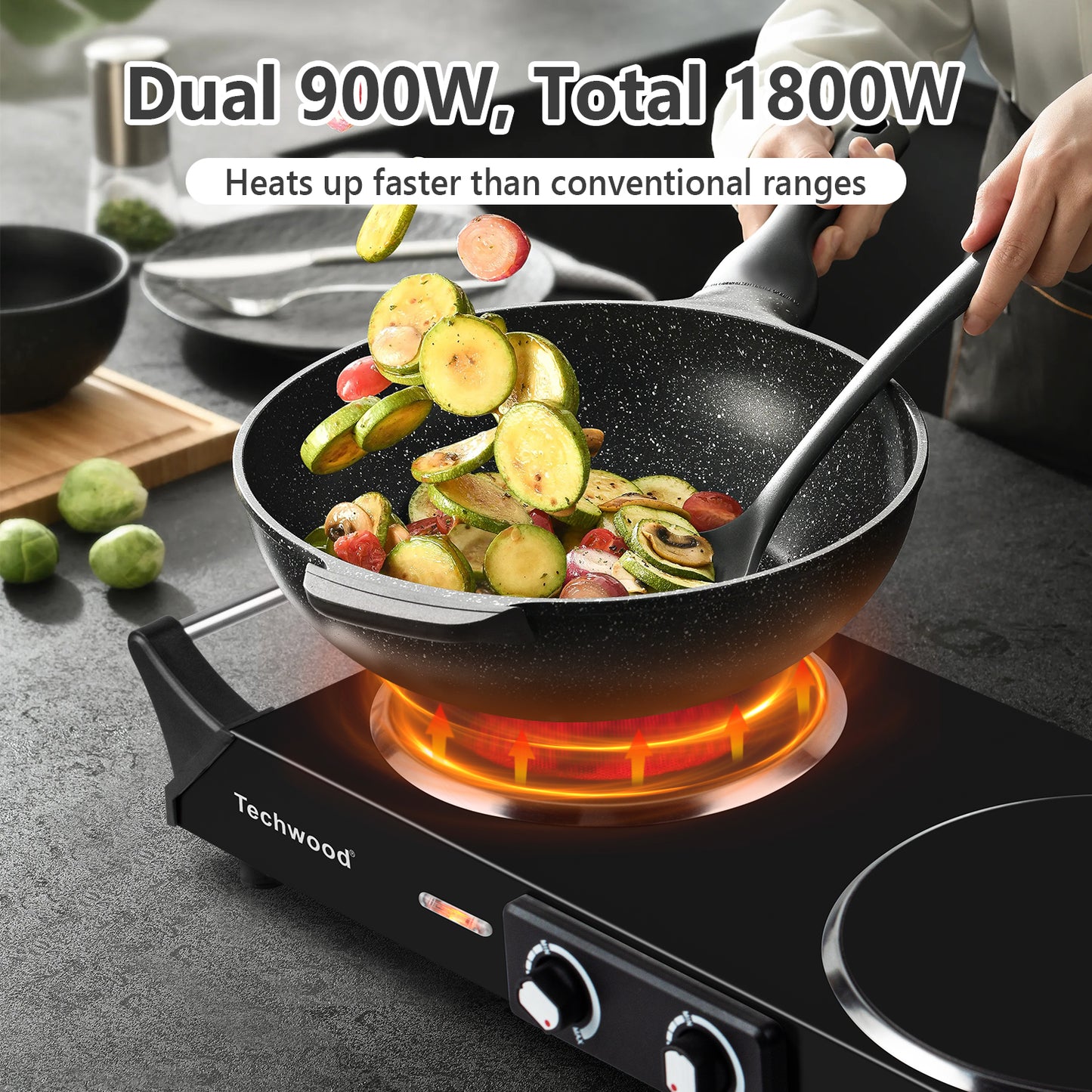 Techwood 1800W Dual Control Infrared Ceramic Electric Hot Plate with Anti-Scald Handle, Dual Electric Stove Burners, Techwood Electric Cooktop, Techwood Double Burner for Cooking(Black)