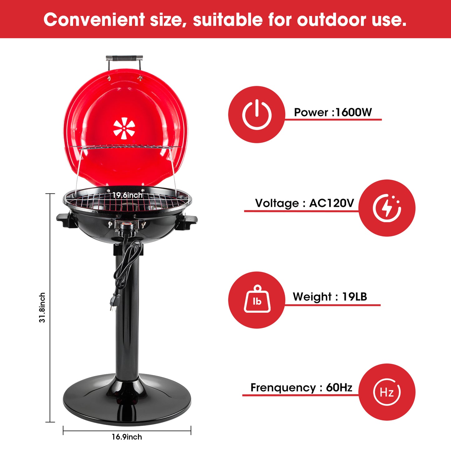 Techwood Electric BBQ Grill 1600W (Stand Black BBQ Grills),15-Serving Indoor/Outdoor Electric Grill for Indoor & Outdoor Use, Portable Removable Stand Grill, Double Layer Design(Red)