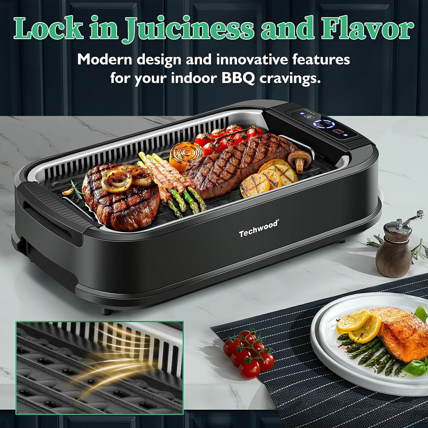 Techwood 1500W Indoor Smokeless Electric Grill – Korean BBQ with Adjustable Temp, Removable Nonstick Plates (Grill & Griddle), Tempered Glass Lid