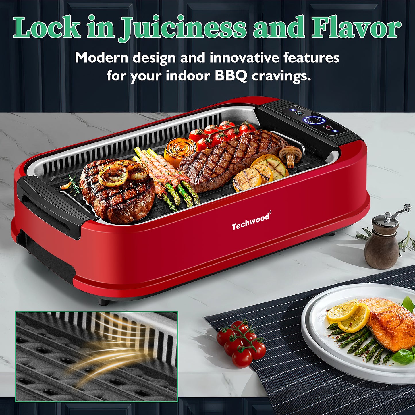 Techwood 1500W Electric Indoor Grill with Tempered Glass Lid, Compact & Portable Non-stick BBQ Grill, Turbo Smoke Extractor Technology, Drip Tray& Double Removable Plate(Red)