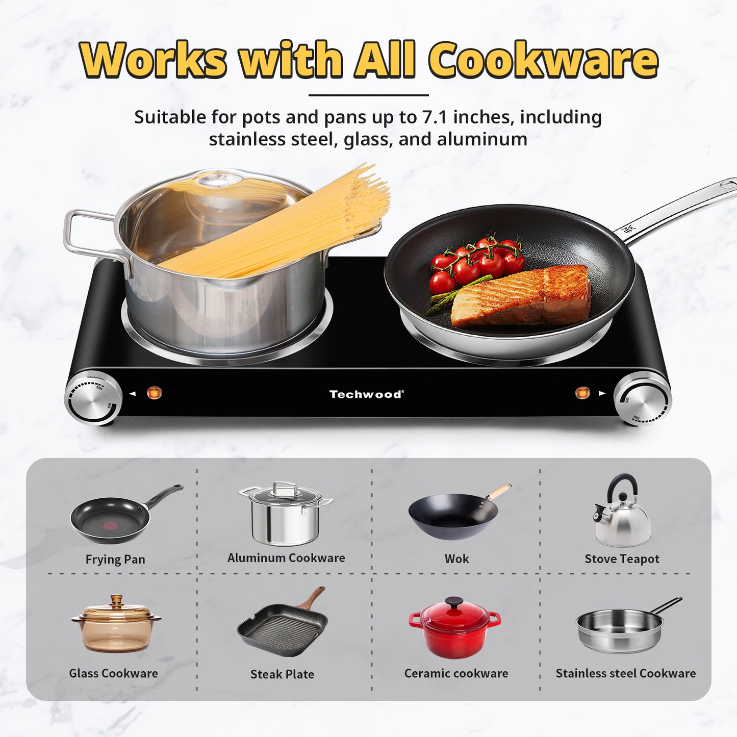 Techwood 1800W Electric Hot Plate Cooktop for Cooking, Infrared Ceramic Countertop Stove Top 2 Burners, Stainless Steel Portable Electric Burner, Knob Control, Easy To Clean(Black)