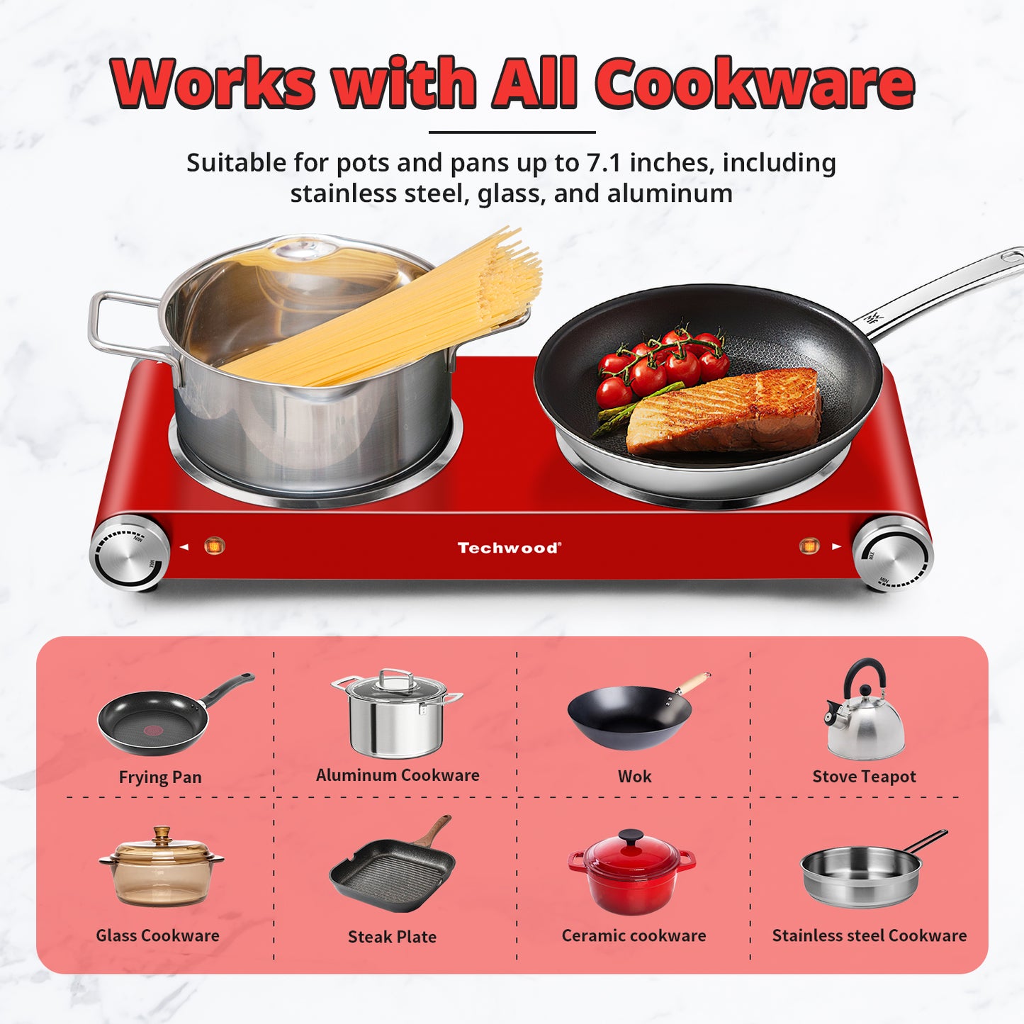 Techwood 1800W Electric Hot Plate Cooktop for Cooking, Infrared Ceramic Countertop Stove Top 2 Burners, Stainless Steel Portable Electric Burner, Knob Control, Easy To Clean(Red)