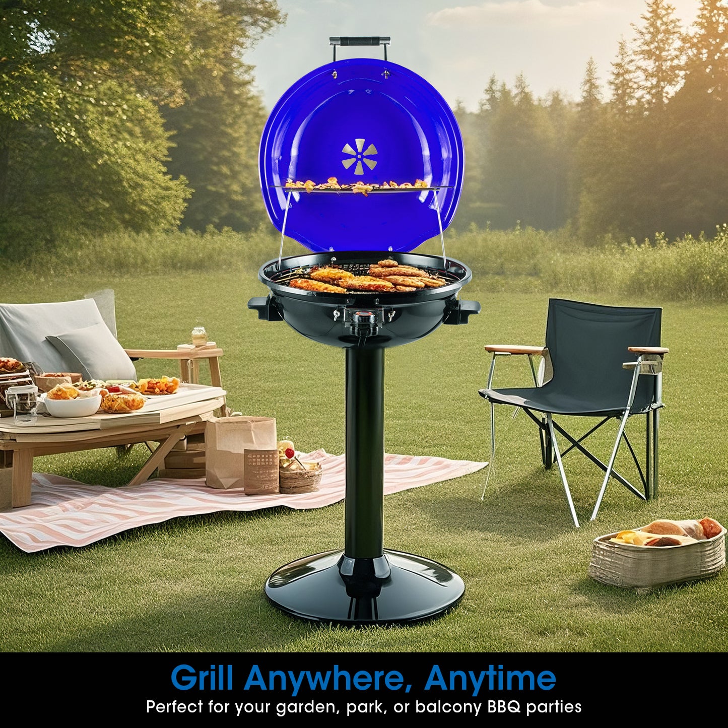 Techwood Electric BBQ Grill 1600W (Stand Black BBQ Grills),15-Serving Indoor/Outdoor Electric Grill for Indoor & Outdoor Use, Double Layer Design, Portable Removable Stand Grill,(Blue)