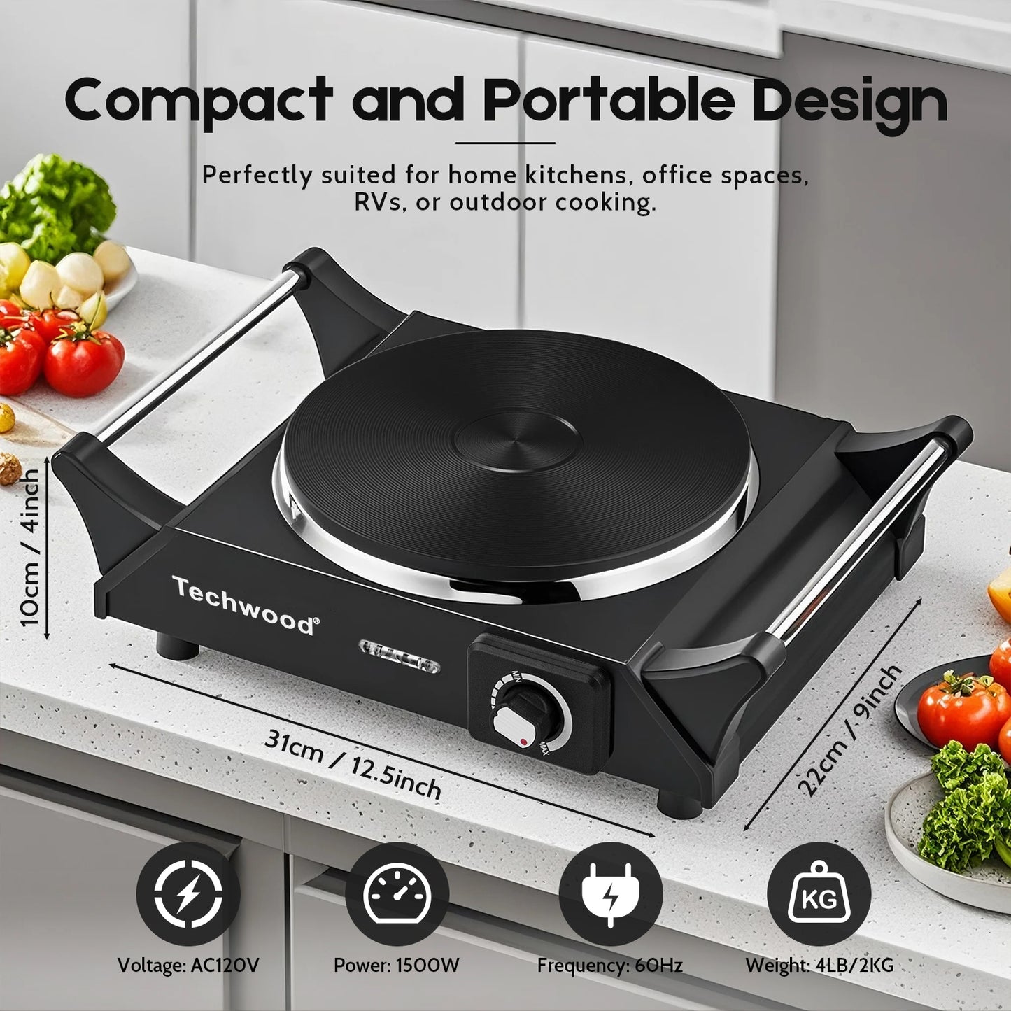 Hot Plate,Techwood Electric Stove for Cooking,1500 Watts Electric Hot Plate,Temperature Controls,Power Indicator Lights,Easy to Clean(Black)