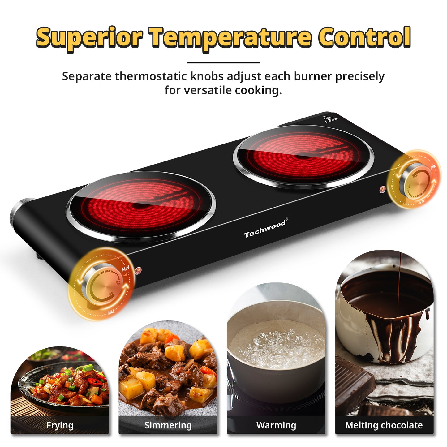 Techwood 1800W Electric Hot Plate Cooktop for Cooking, Infrared Ceramic Countertop Stove Top 2 Burners, Stainless Steel Portable Electric Burner, Knob Control, Easy To Clean(Black)