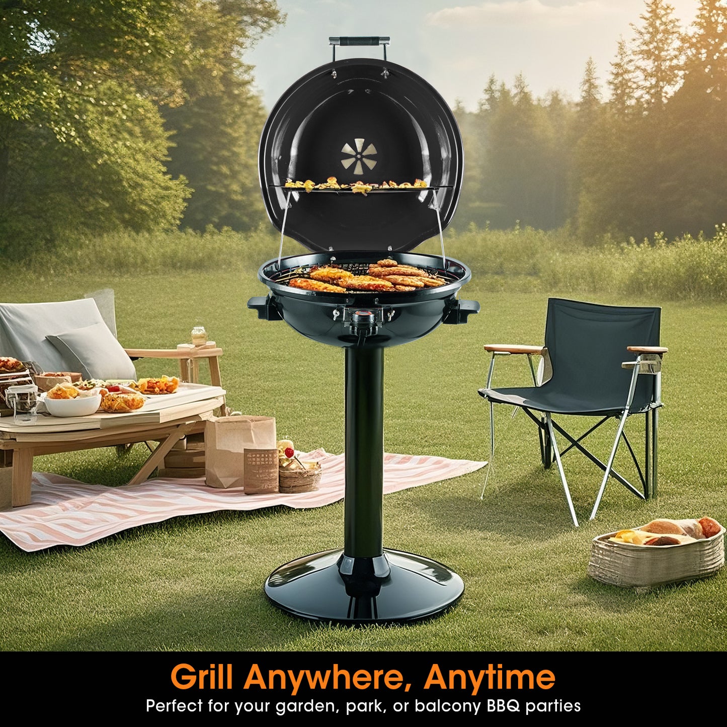 Techwood Electric BBQ Grill 1600W (Stand Black BBQ Grills),15-Serving Indoor/Outdoor Electric Grill for Indoor & Outdoor Use, Portable Removable Stand Grill, Double Layer Design(Black)