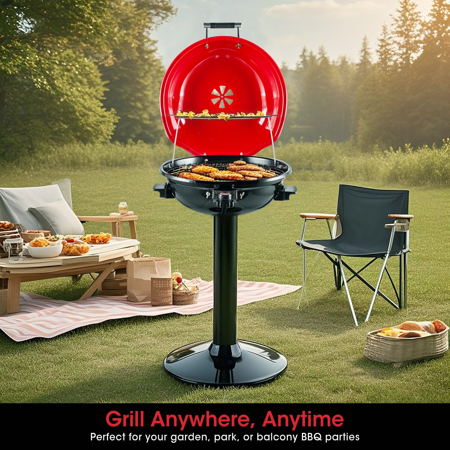 Techwood Electric BBQ Grill 1600W (Stand Black BBQ Grills),15-Serving Indoor/Outdoor Electric Grill for Indoor & Outdoor Use, Portable Removable Stand Grill, Double Layer Design(Red)