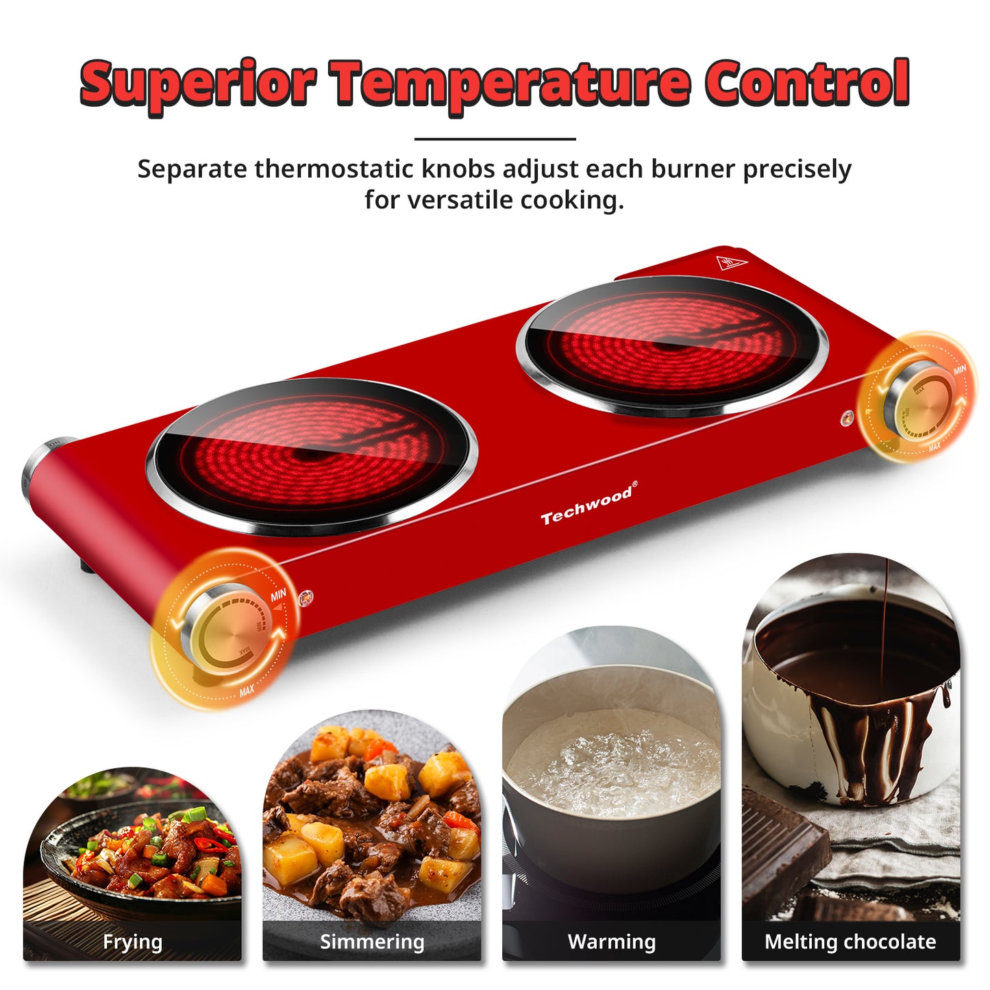 Techwood 1800W Electric Hot Plate Cooktop for Cooking, Infrared Ceramic Countertop Stove Top 2 Burners, Stainless Steel Portable Electric Burner, Knob Control, Easy To Clean(Red)