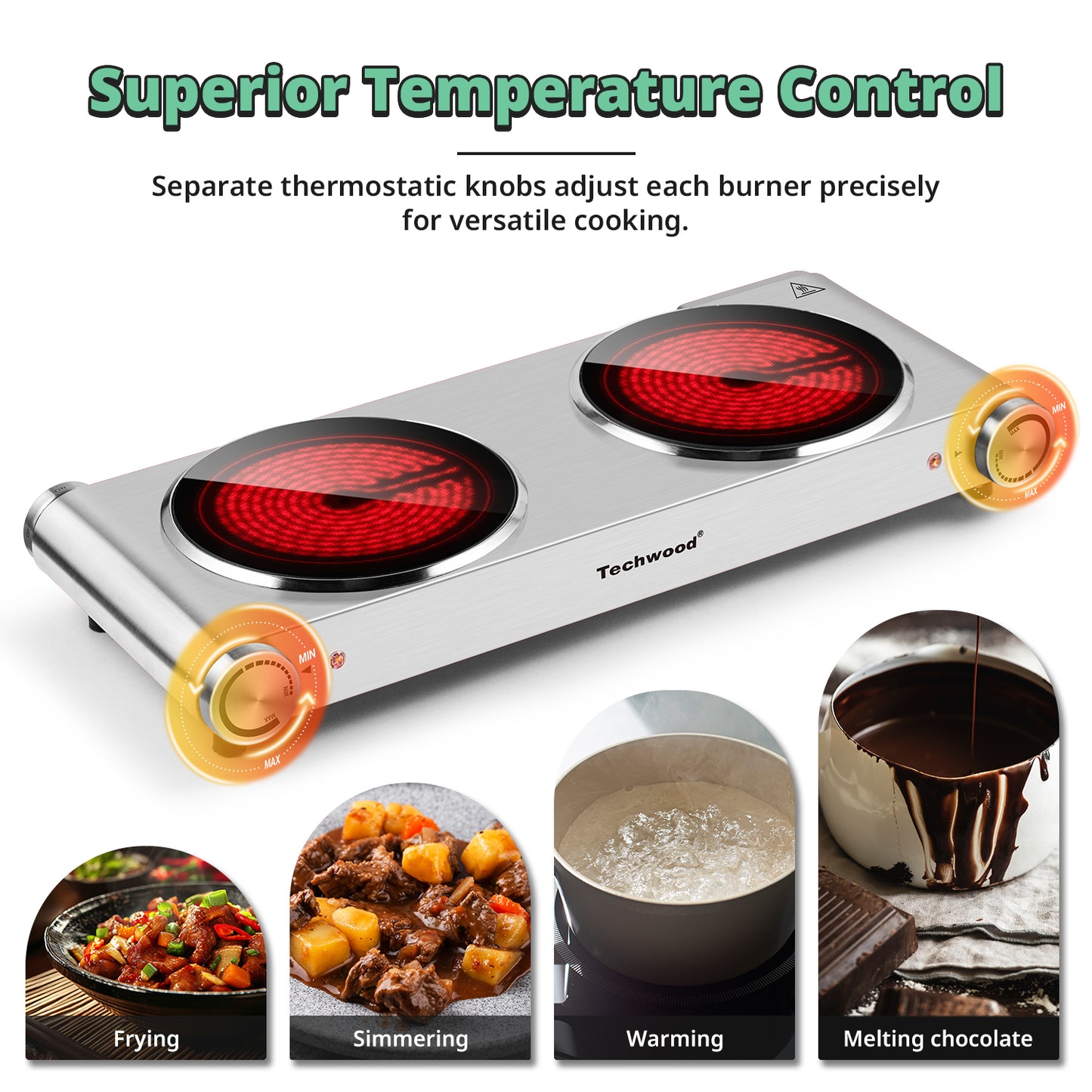 Techwood 1800W Electric Hot Plate Cooktop for Cooking, Infrared Ceramic Countertop Stove Top 2 Burners, Stainless Steel Portable Electric Burner, Knob Control, Easy To Clean(Silver)