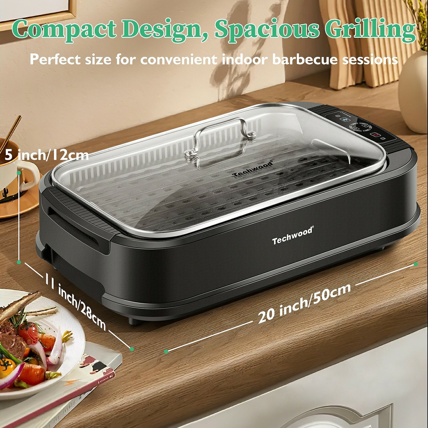 Techwood 1500W Indoor Smokeless Electric Grill – Korean BBQ with Adjustable Temp, Removable Nonstick Plates (Grill & Griddle), Tempered Glass Lid