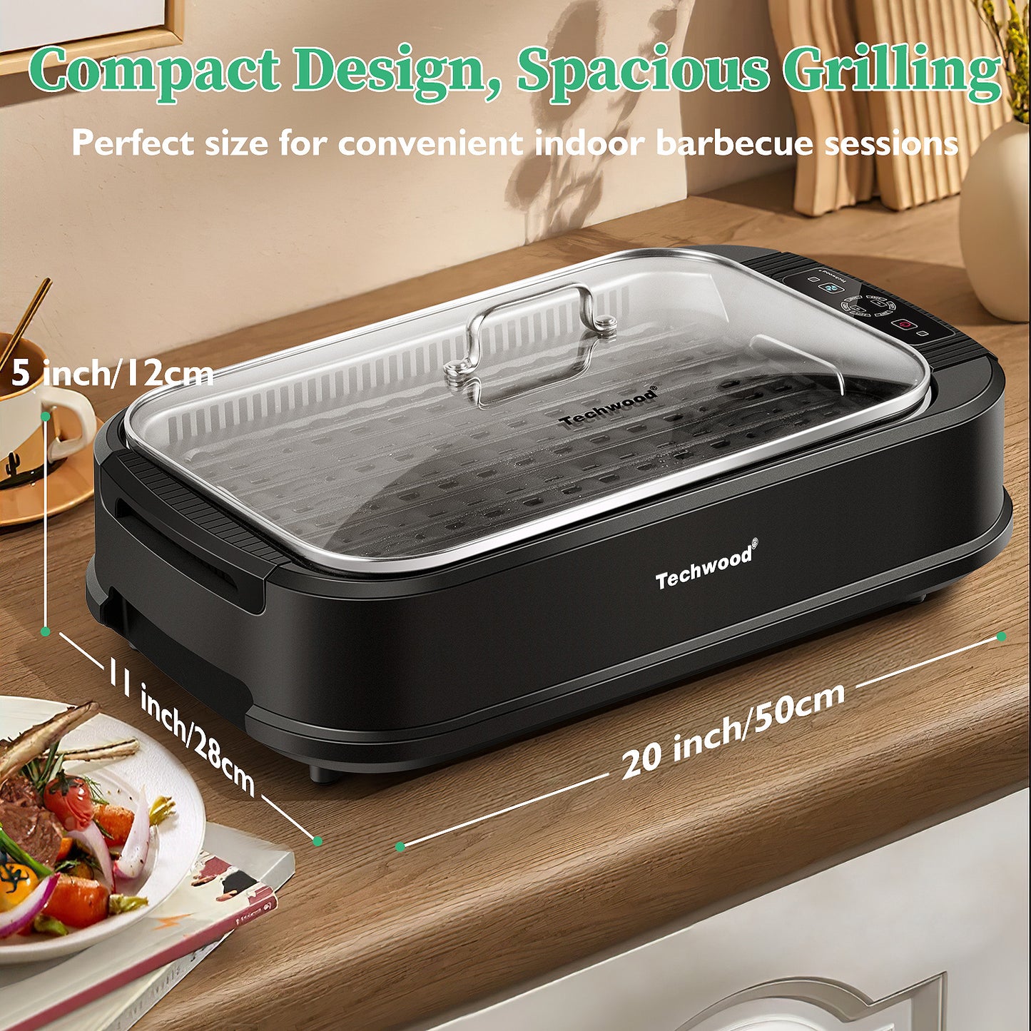 Techwood 1500W Indoor Grill, Smokeless Electric Grill, Portable Korean BBQ Grill with 6-level Control, Tempered Glass Lid, Dishwasher Safe, Double Plates(Black)