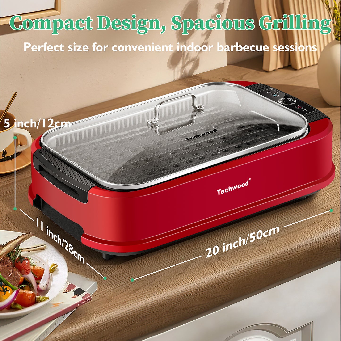 Techwood 1500W Electric Indoor Grill with Tempered Glass Lid, Compact & Portable Non-stick BBQ Grill, Turbo Smoke Extractor Technology, Drip Tray& Double Removable Plate(Red)