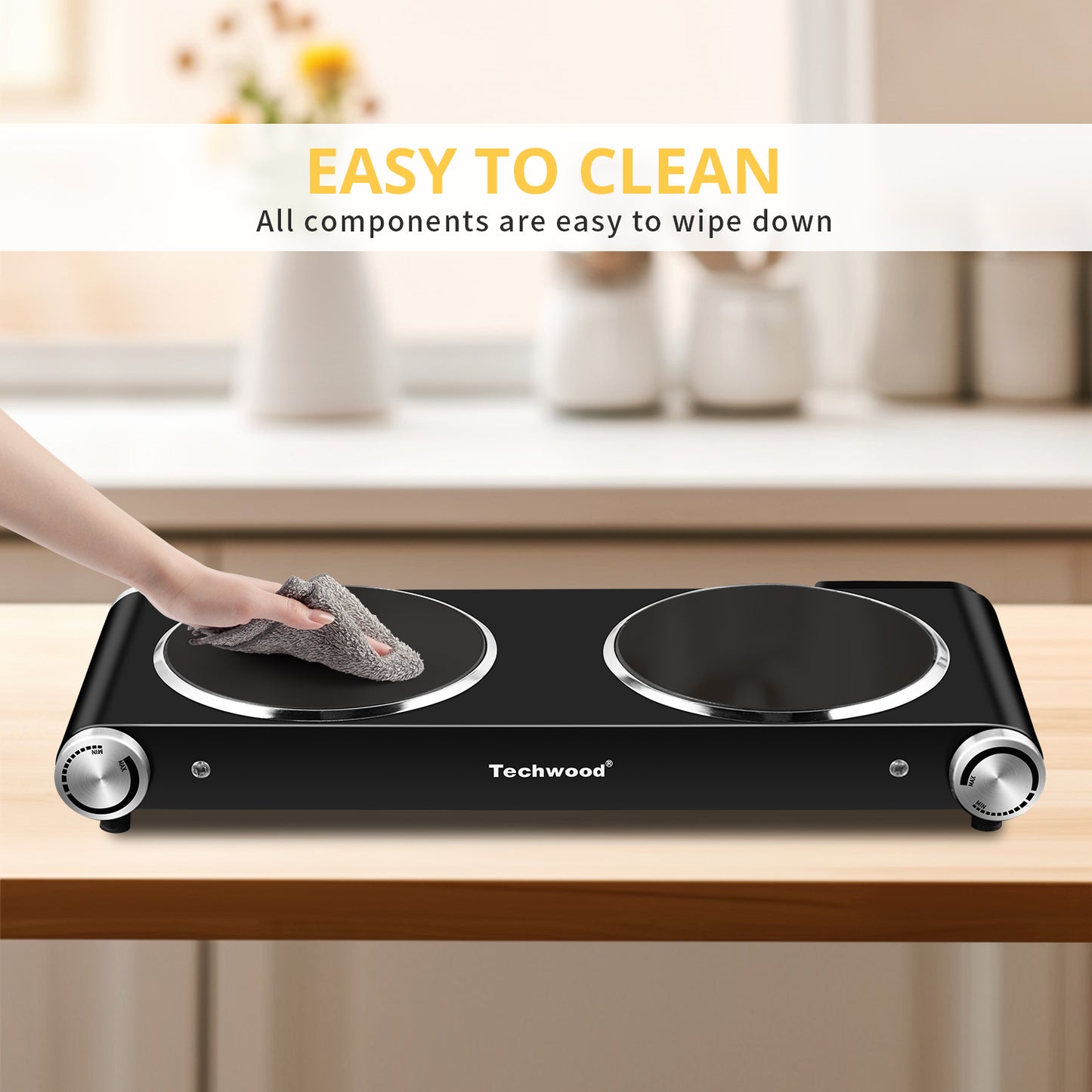 Techwood 1800W Electric Hot Plate Cooktop for Cooking, Infrared Ceramic Countertop Stove Top 2 Burners, Stainless Steel Portable Electric Burner, Knob Control, Easy To Clean(Black)