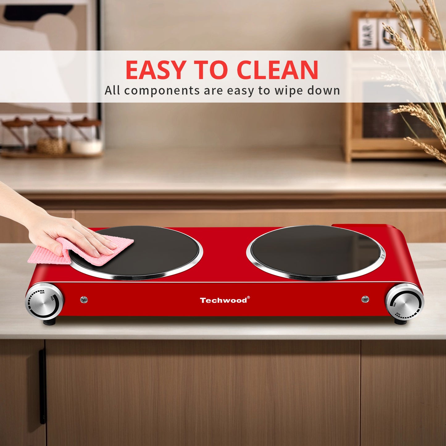 Techwood 1800W Electric Hot Plate Cooktop for Cooking, Infrared Ceramic Countertop Stove Top 2 Burners, Stainless Steel Portable Electric Burner, Knob Control, Easy To Clean(Red)
