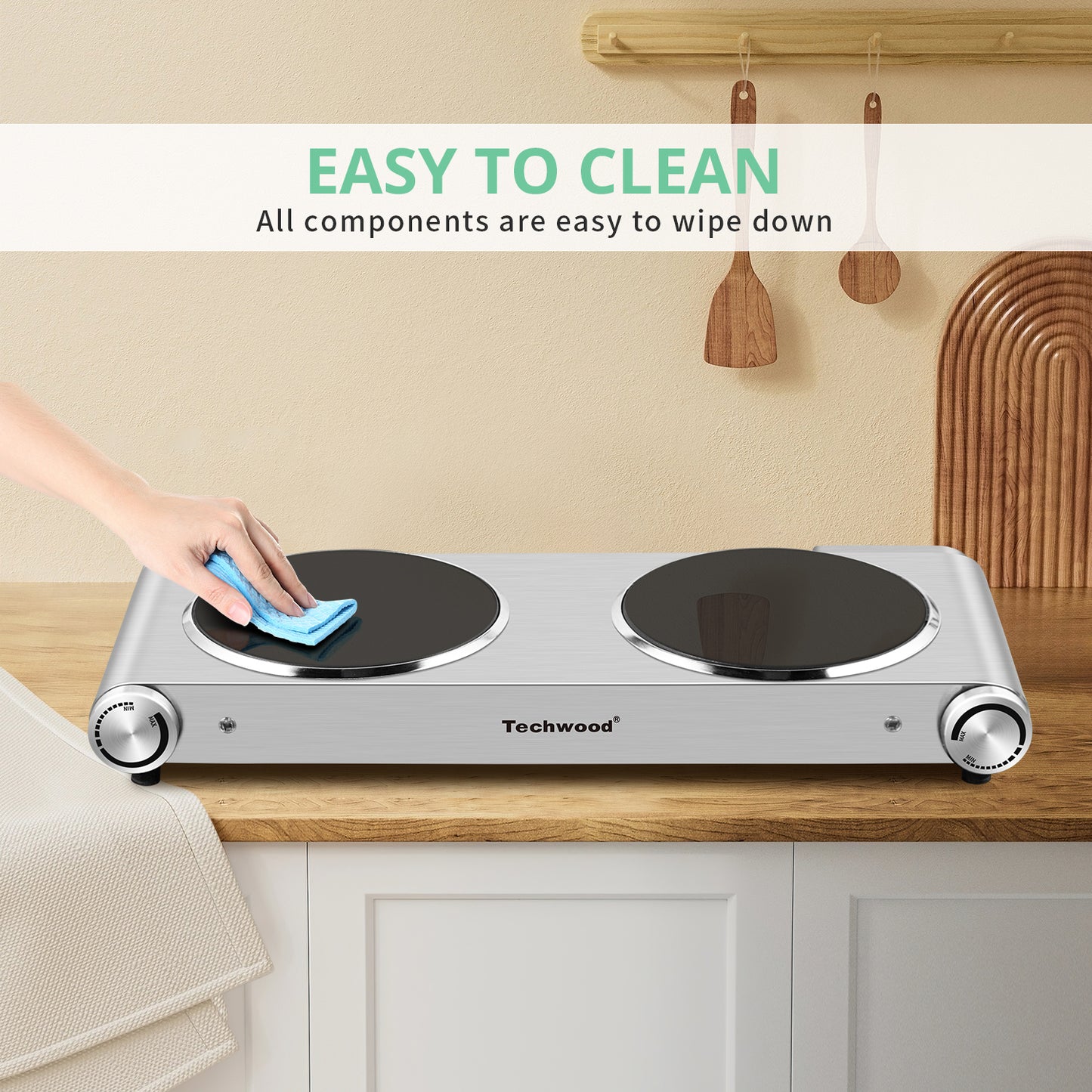 Techwood 1800W Electric Hot Plate Cooktop for Cooking, Infrared Ceramic Countertop Stove Top 2 Burners, Stainless Steel Portable Electric Burner, Knob Control, Easy To Clean(Silver)