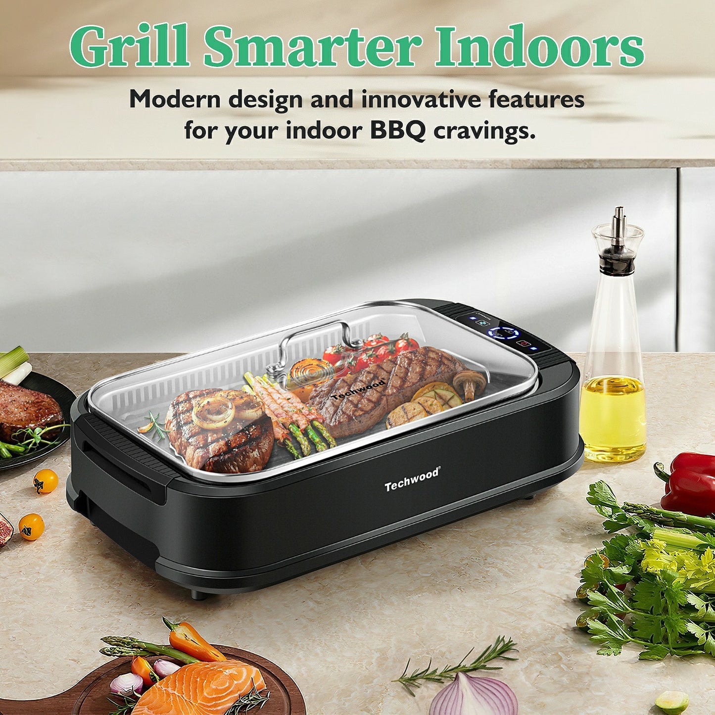 Techwood 1500W Indoor Grill, Smokeless Electric Grill, Portable Korean BBQ Grill with 6-level Control, Tempered Glass Lid, Dishwasher Safe, Double Plates(Black)