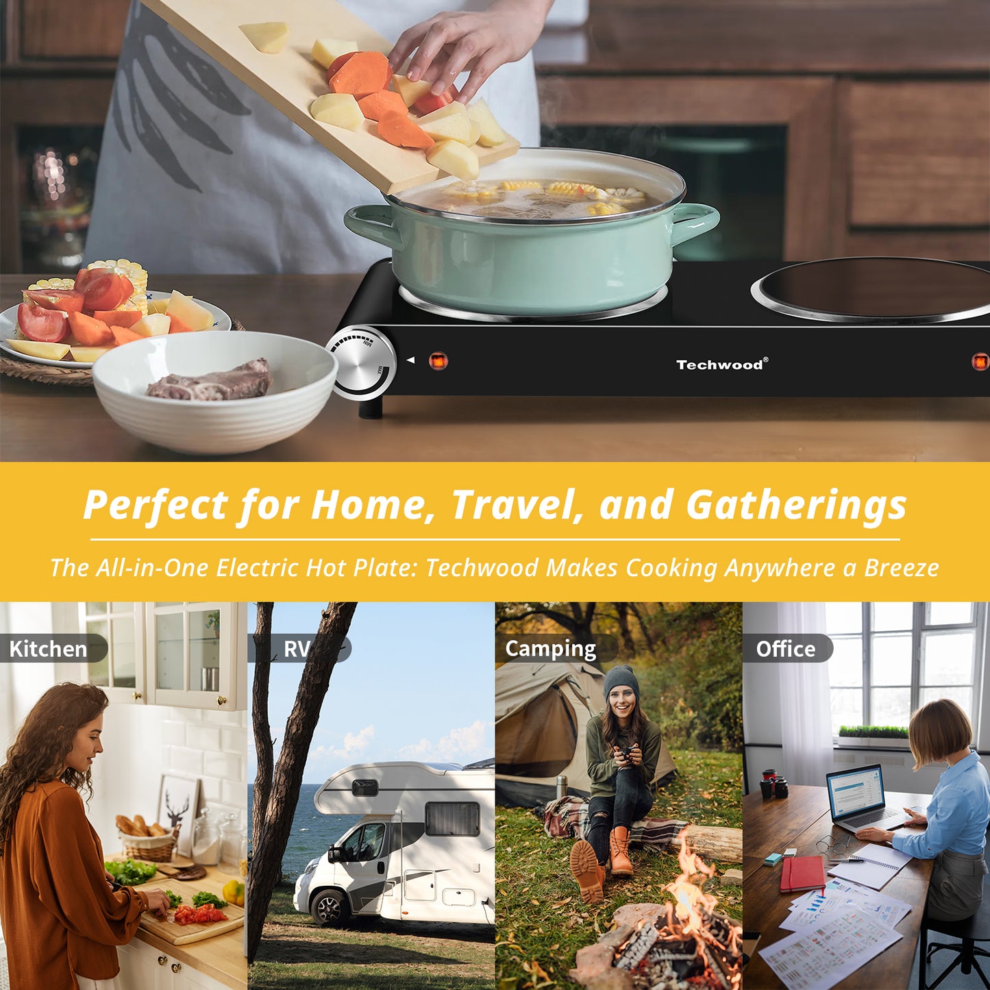 Techwood 1800W Electric Hot Plate Cooktop for Cooking, Infrared Ceramic Countertop Stove Top 2 Burners, Stainless Steel Portable Electric Burner, Knob Control, Easy To Clean(Black)