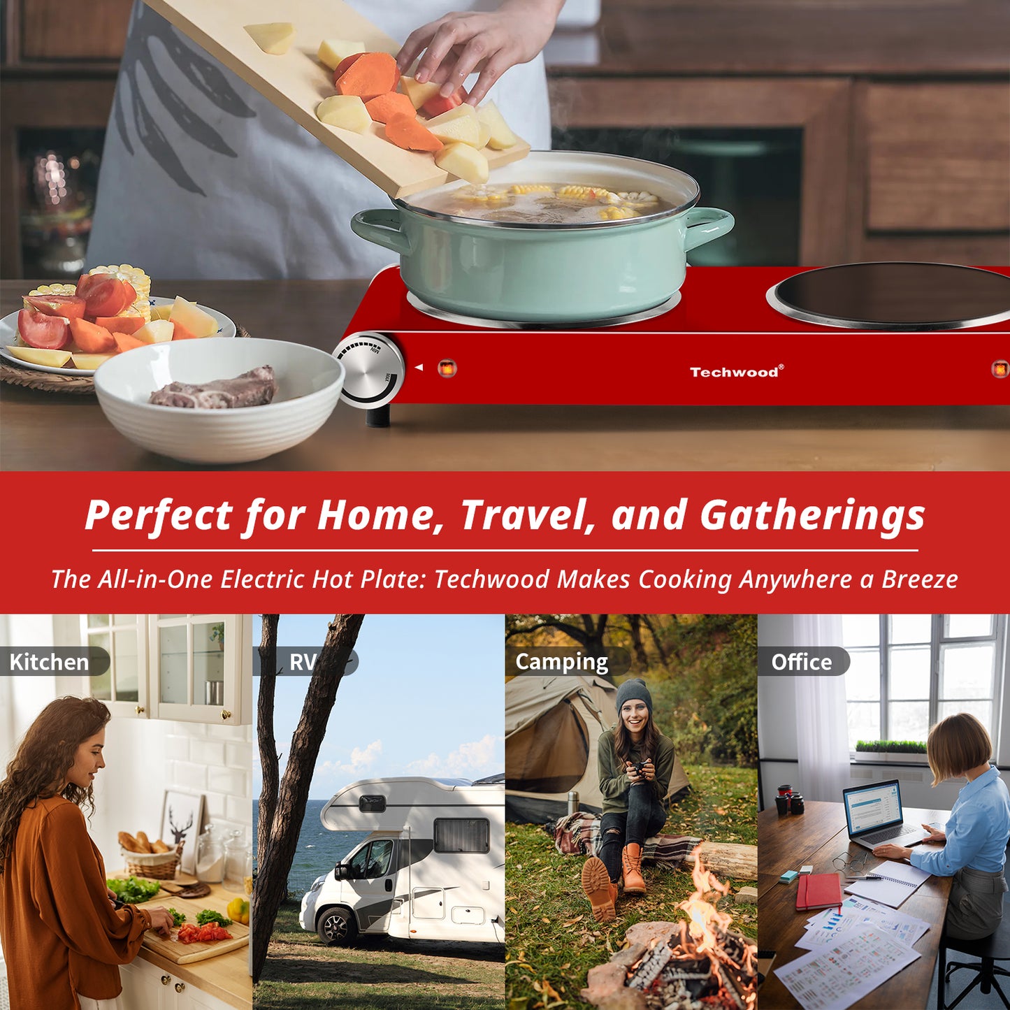 Techwood 1800W Electric Hot Plate Cooktop for Cooking, Infrared Ceramic Countertop Stove Top 2 Burners, Stainless Steel Portable Electric Burner, Knob Control, Easy To Clean(Red)