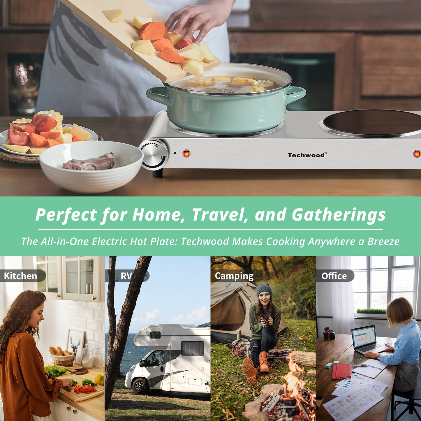 Techwood 1800W Electric Hot Plate Cooktop for Cooking, Infrared Ceramic Countertop Stove Top 2 Burners, Stainless Steel Portable Electric Burner, Knob Control, Easy To Clean(Silver)