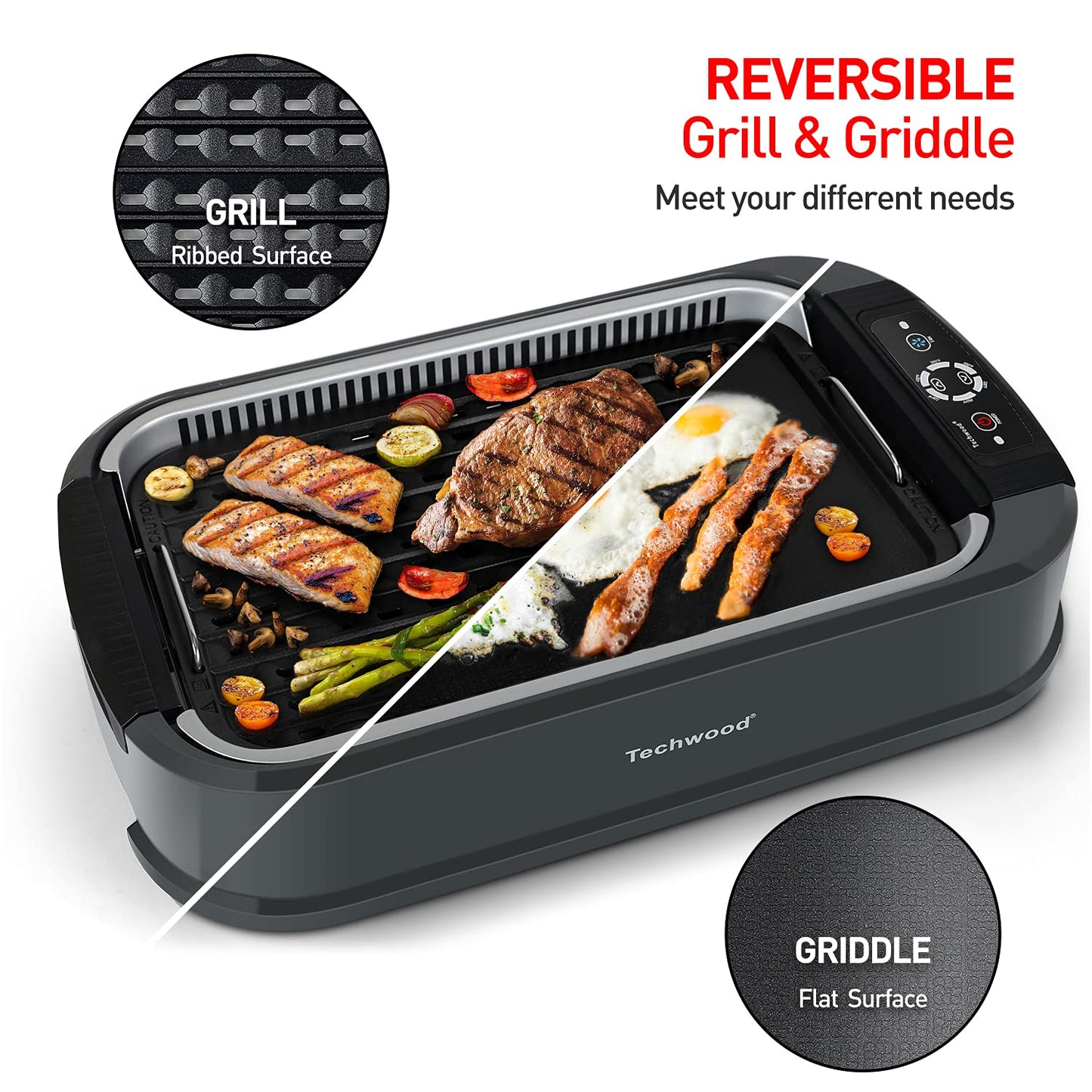 Techwood 1500W Indoor Smokeless Electric Grill – Korean BBQ with Adjustable Temp, Removable Nonstick Plates (Grill & Griddle), Tempered Glass Lid