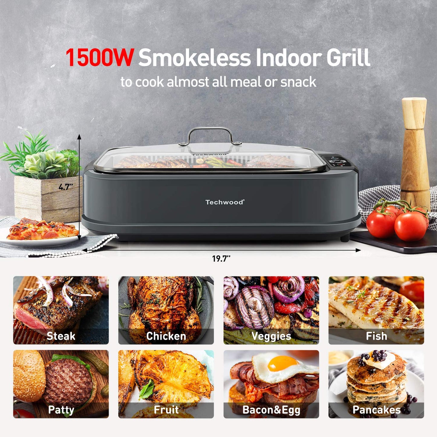 Techwood 1500W Indoor Smokeless Electric Grill – Korean BBQ with Adjustable Temp, Removable Nonstick Plates (Grill & Griddle), Tempered Glass Lid