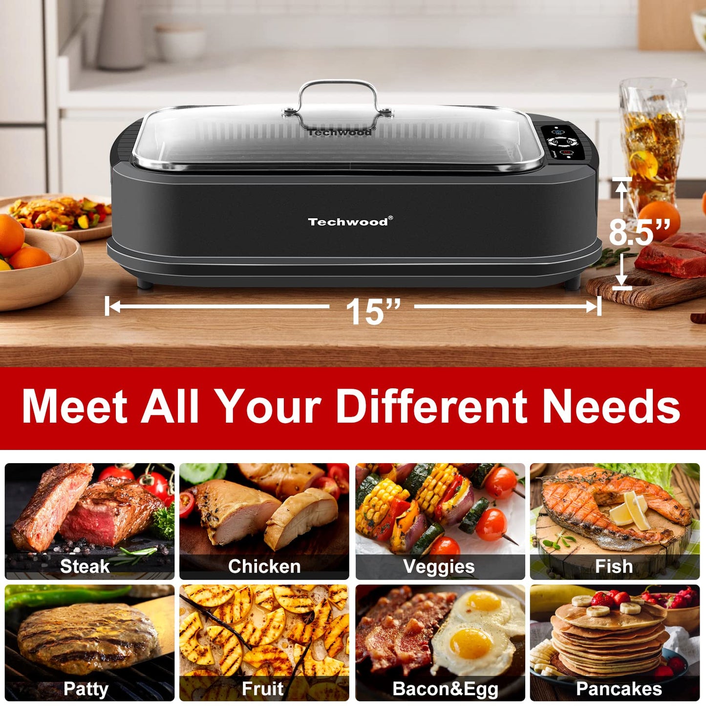 Techwood 1500W Smokeless Electric Grill with Non-Stick Grill Plates,Indoor Grill with Temperature Control, Tempered Glass Lid, Dishwasher-Safe