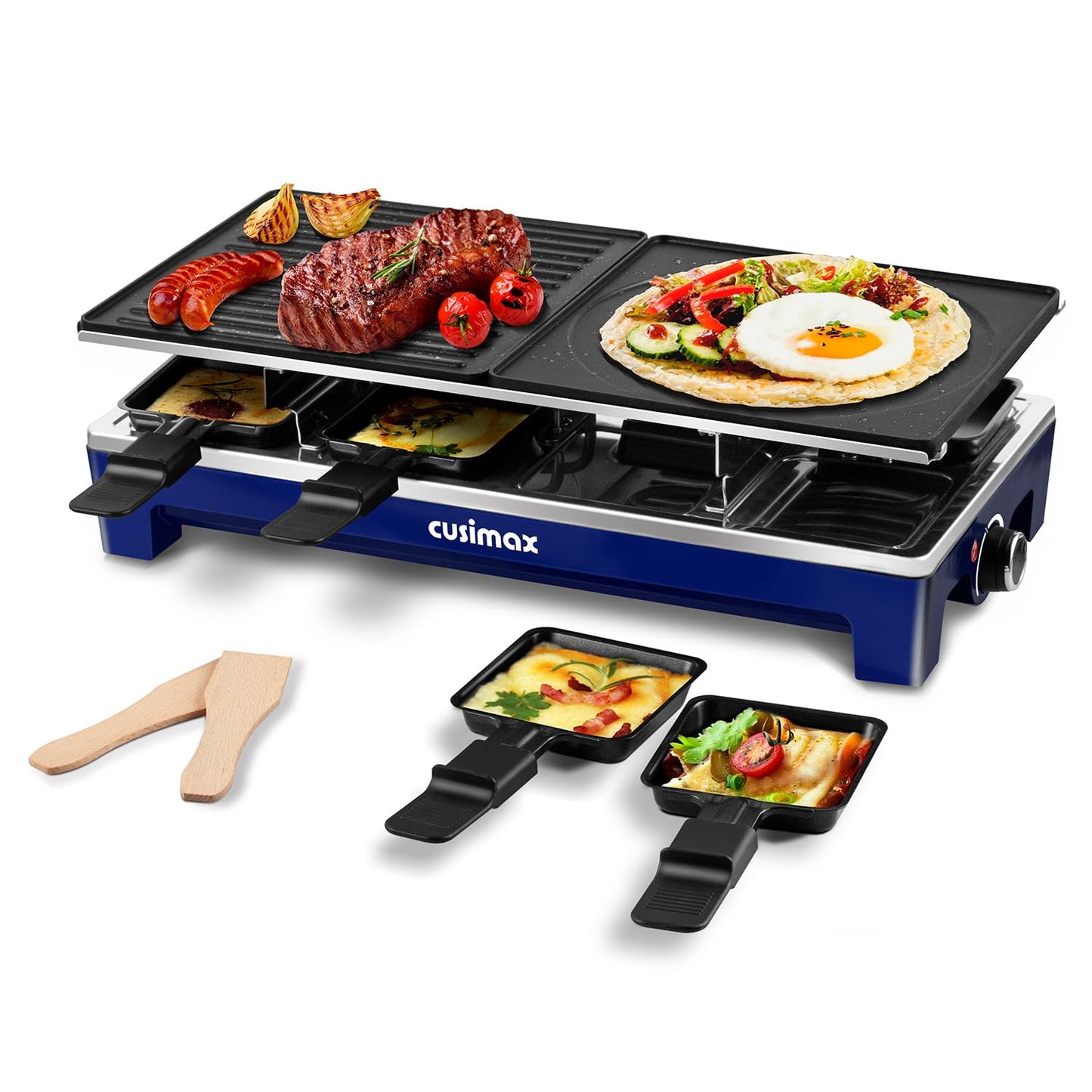 Raclette Double Grill Plates, Techwood Electric Table Indoor Grill Korean BBQ Grill, Removable 2-in-1 Non-Stick Grill Plate, 1500W Fast Heating with 8 Cheese Melt Pans, Ideal for Parties and Family Fun (Blue)