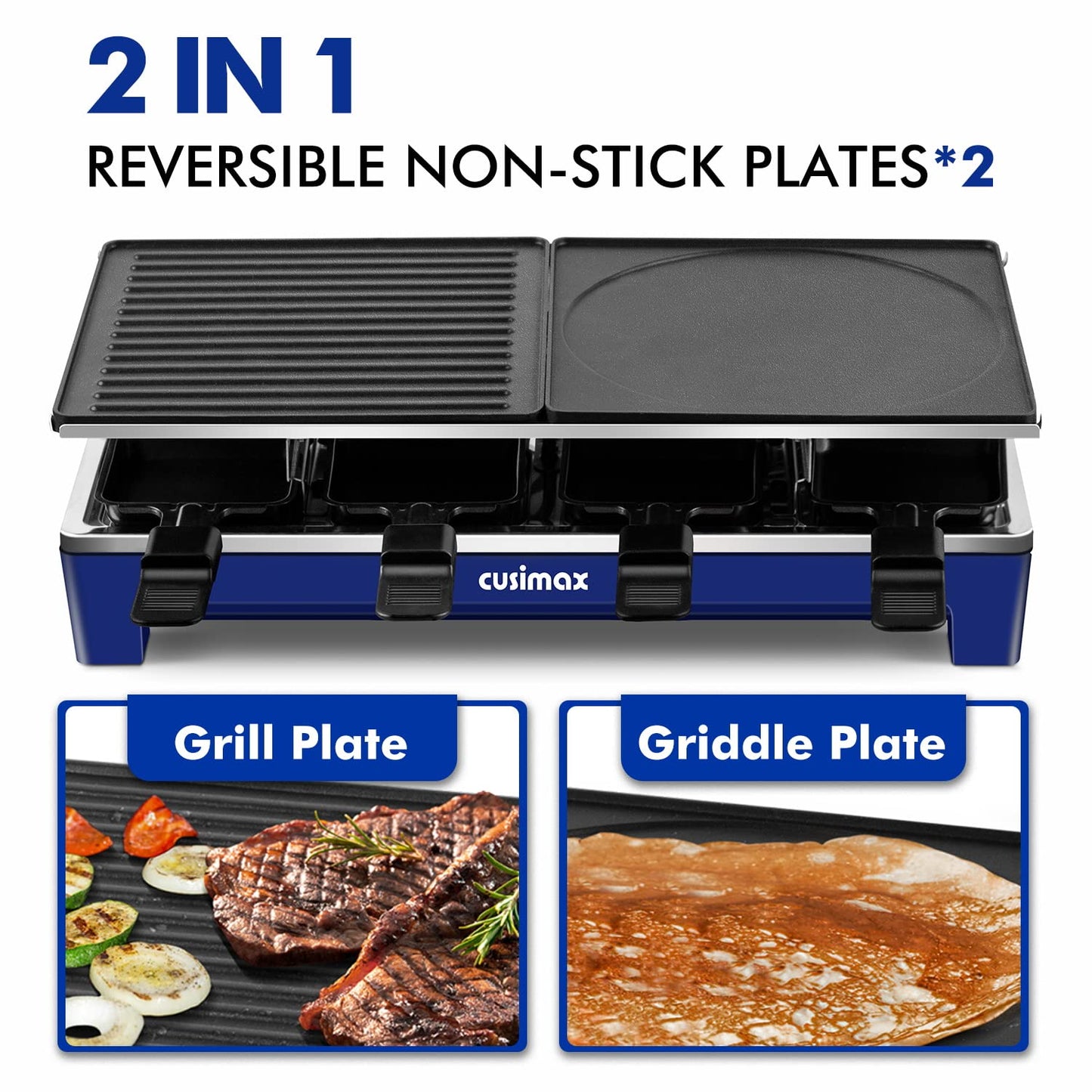 Raclette Double Grill Plates, Techwood Electric Table Indoor Grill Korean BBQ Grill, Removable 2-in-1 Non-Stick Grill Plate, 1500W Fast Heating with 8 Cheese Melt Pans, Ideal for Parties and Family Fun (Blue)