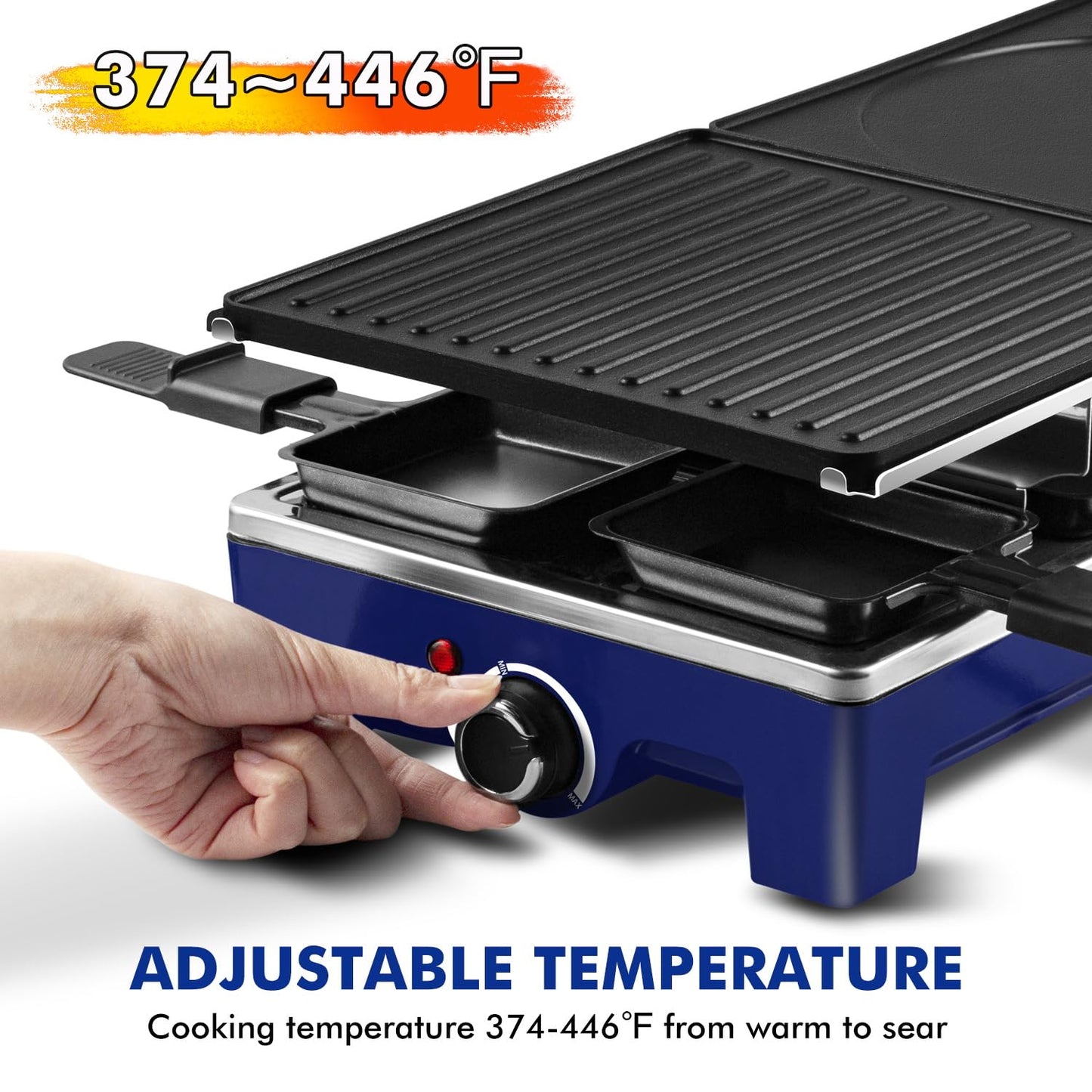Raclette Double Grill Plates, Techwood Electric Table Indoor Grill Korean BBQ Grill, Removable 2-in-1 Non-Stick Grill Plate, 1500W Fast Heating with 8 Cheese Melt Pans, Ideal for Parties and Family Fun (Blue)