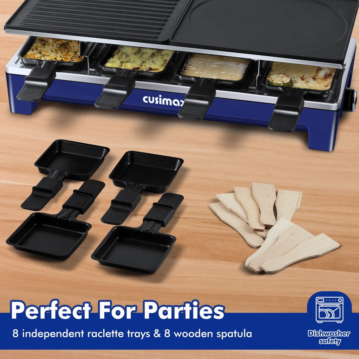 Raclette Double Grill Plates, Techwood Electric Table Indoor Grill Korean BBQ Grill, Removable 2-in-1 Non-Stick Grill Plate, 1500W Fast Heating with 8 Cheese Melt Pans, Ideal for Parties and Family Fun (Blue)